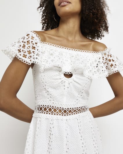 White broderie bardot playsuit