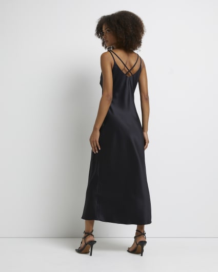 Black satin slip midi dress