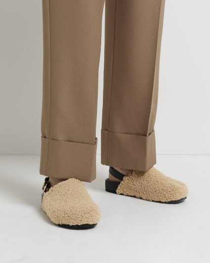 Beige borg backless shoes