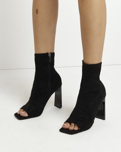Black open toe heeled boots