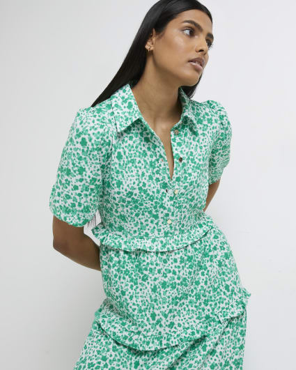 Green printed midi shirt dress