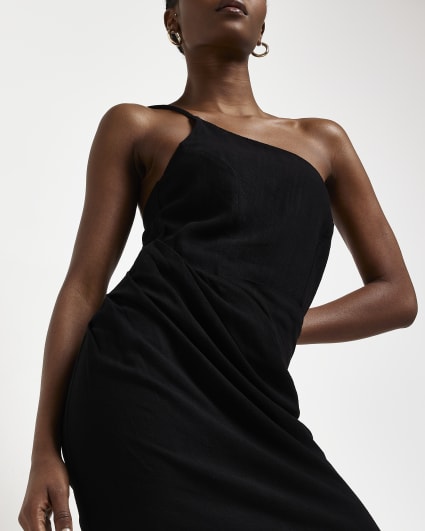 Black linen one shoulder midi dress