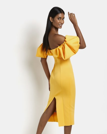 Yellow bardot bodycon midi dress