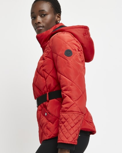 Red quilted belted puffer coat
