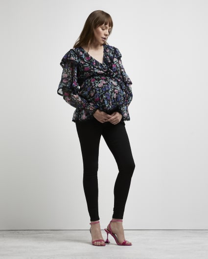 Black floral print maternity blouse