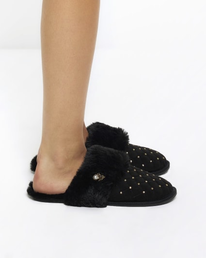 Black quilted pearl detail slippers