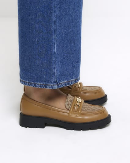 Brown RI monogram chain chunky loafers
