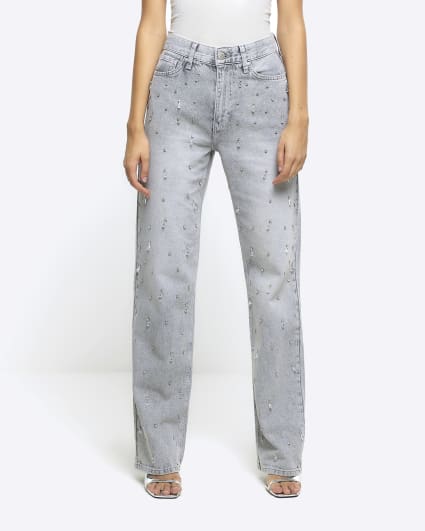 Grey embellished relaxed straight jeans