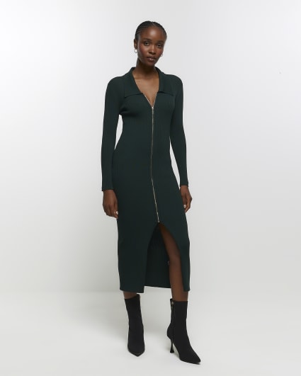 Green knitted zip bodycon midi dress
