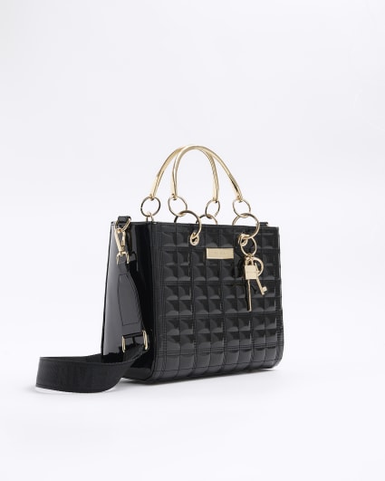 Black patent quilted tote bag