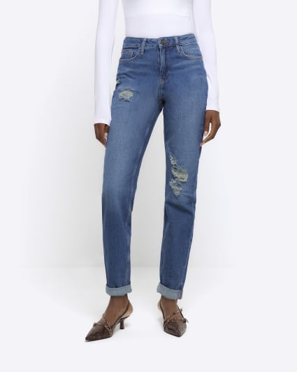 Blue high waisted mom ripped jeans