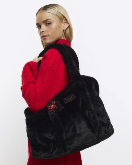 Black faux fur shopper bag
