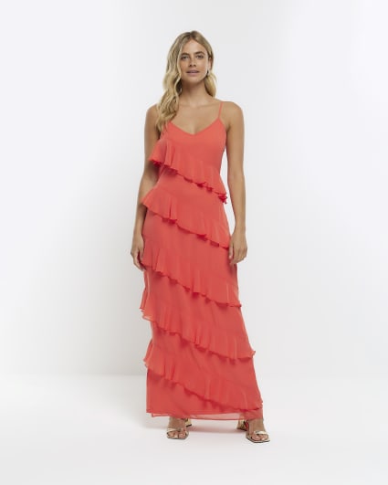 Coral frill sleeveless maxi dress