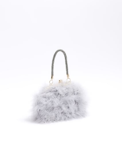 Grey feather diamante cross body bag