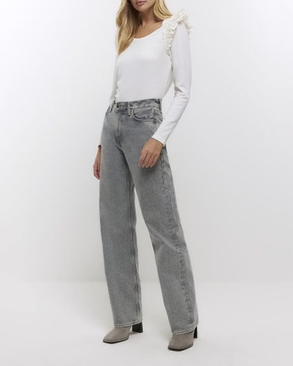 Cream rib frill long sleeve top