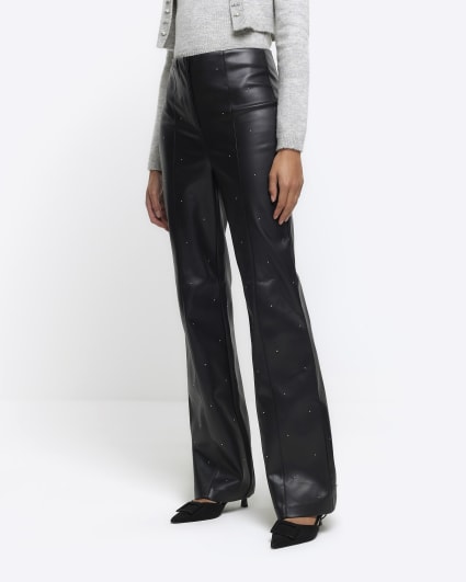 Black faux leather studded straight trousers