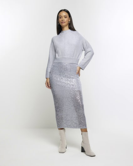 Silver sequin skirt jumper midi dress