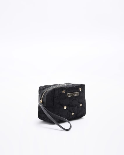 Black velvet heart stud make up bag