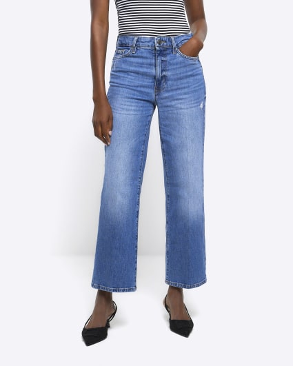 Blue high waisted wide leg crop jeans