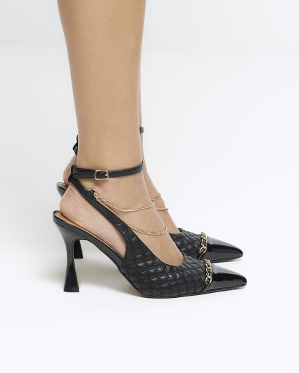 Black quilted chain heeled court shoes
