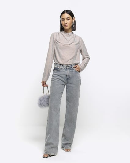Beige diamante cowl long sleeve top