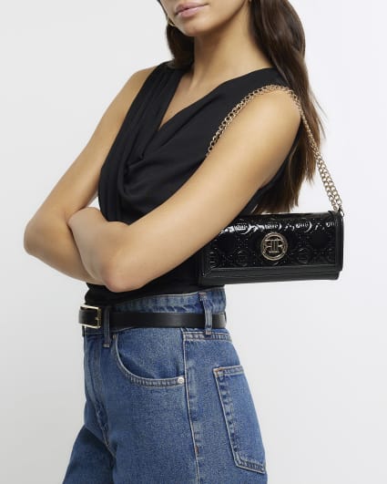 Black embossed chain strap purse