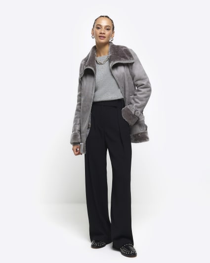 Grey faux leather aviator jacket