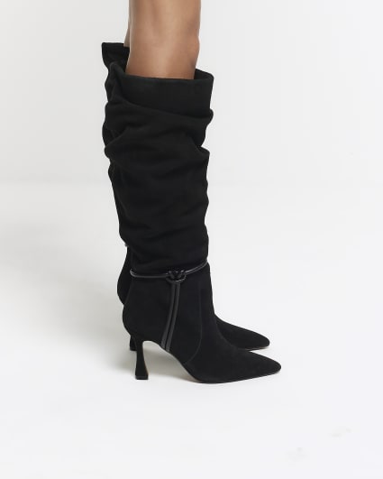 Black suede slouch heeled high leg boots