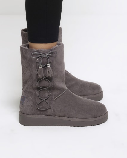 Grey suedette embossed ankle boots
