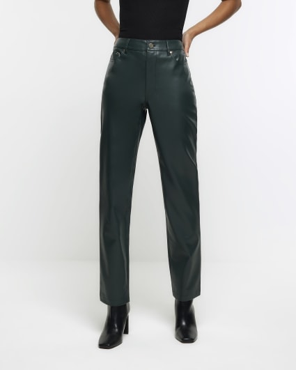 Green faux leather straight trousers