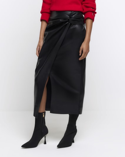 Black faux leather knot midi skirt