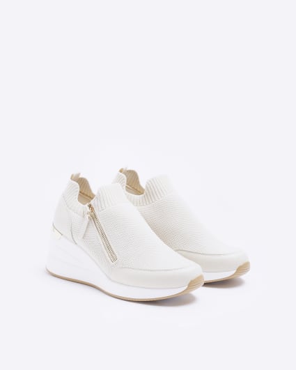 Beige wide fit slip on wedge trainers