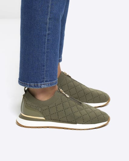 Khaki quilted zip front trainers