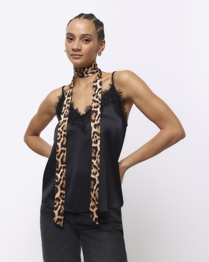 Black leopard print scarf necklace