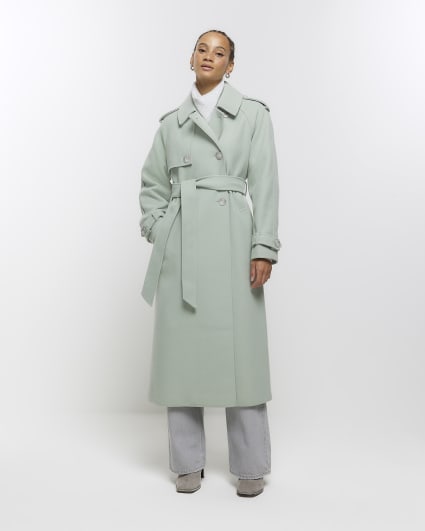 Green belted longline trench coat