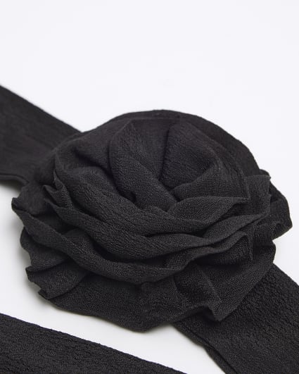 Black satin corsage tie scarf