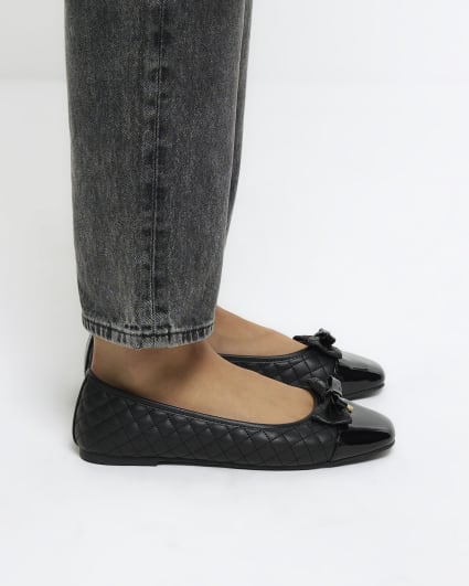 Black wide fit quilted bow ballet shoes