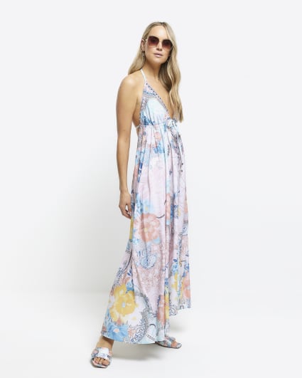 Blue floral plunge slip maxi dress