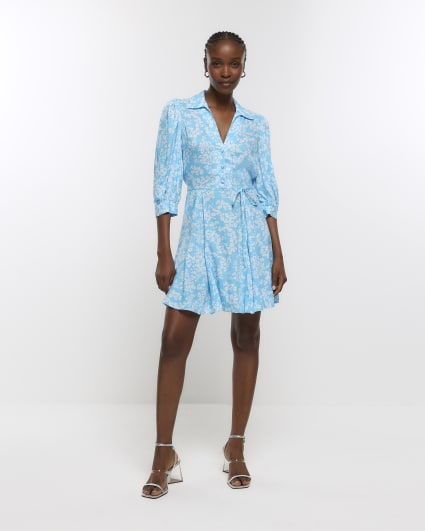 Blue floral tie waist mini shirt dress