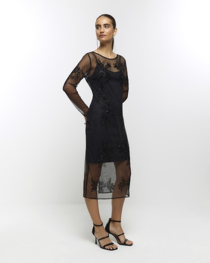 Black mesh embellished bodycon midi dress