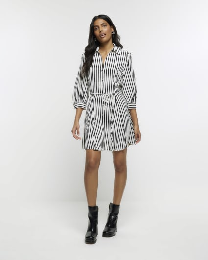 Black stripe tie waist mini shirt dress