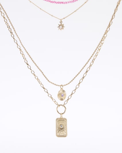Gold Beaded Charm Multirow Necklace