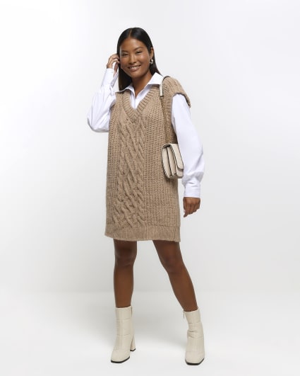 Petite beige knit hybrid jumper mini dress