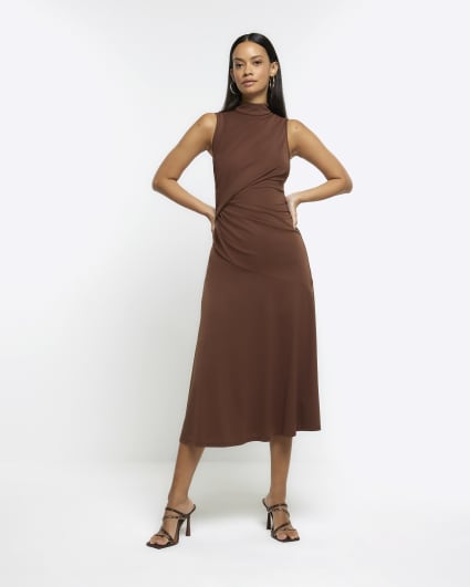 Brown drape detail shift midi dress