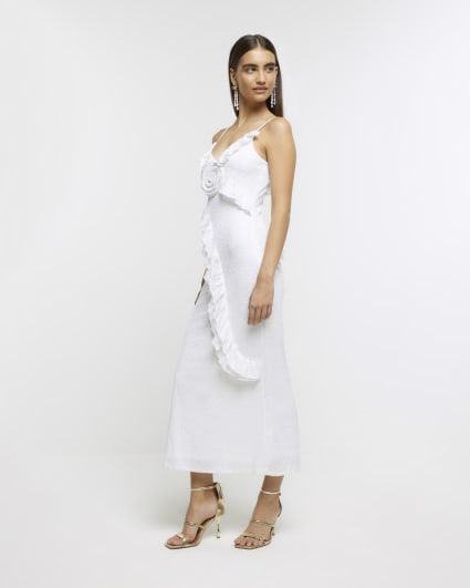 White sequin corsage slip maxi dress