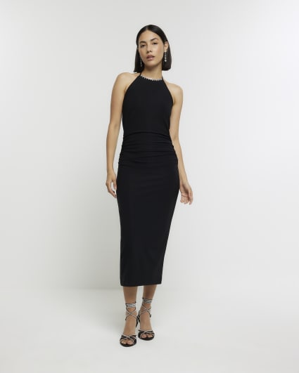 Black embellished neck bodycon midi dress