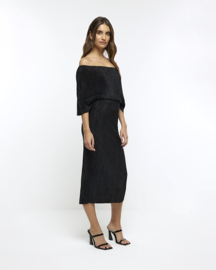 Black bardot drape plisse midi dress