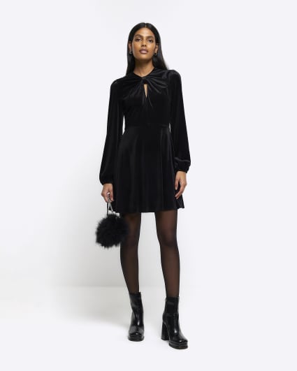 Black velvet bow shift mini dress