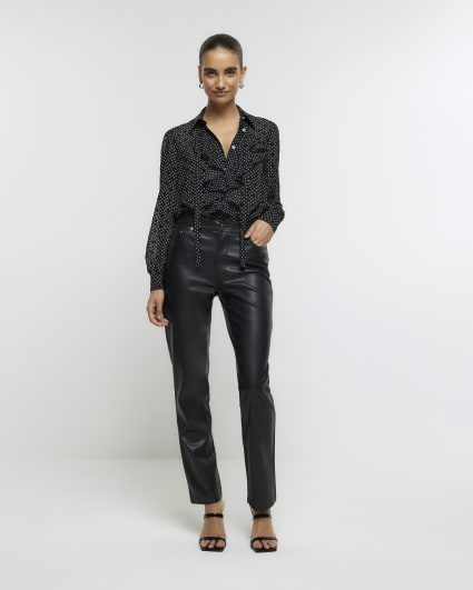 Black spot frill tie neck shirt