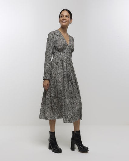 Beige animal print swing midi dress